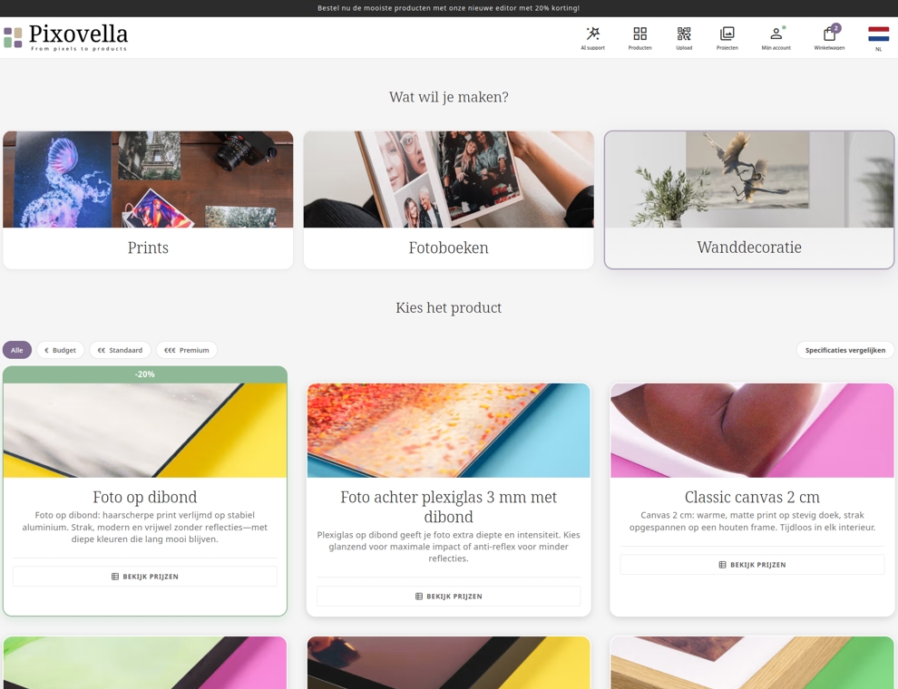 Pixovella-demowinkel met personaliseerbare fotoproducten